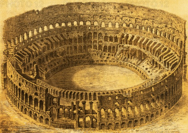 Amphiteatrum Flavium, Colosseum, amphitheatre, built 72-80 AD, entertainment, fun, cruelty, supervision, Ancient Rome, Italy, coloured historical illustration from 1882, Europe