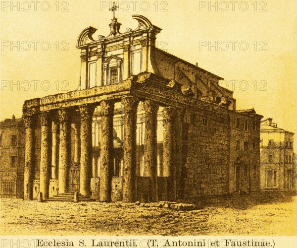 Church Ecclesia S. Laurentii, Temple of Antoninus Pius and Faustina, title, forecourt with columns, ancient Rome, Italy, coloured historical illustration from 1882, Europe