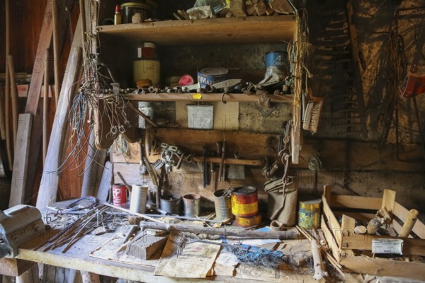 Lost Places, abandoned house, vacant building, workshop, cables, cans, rubbish, outbuilding, Honau district, Lichtenstein, Baden-Württemberg, Germany, Europe