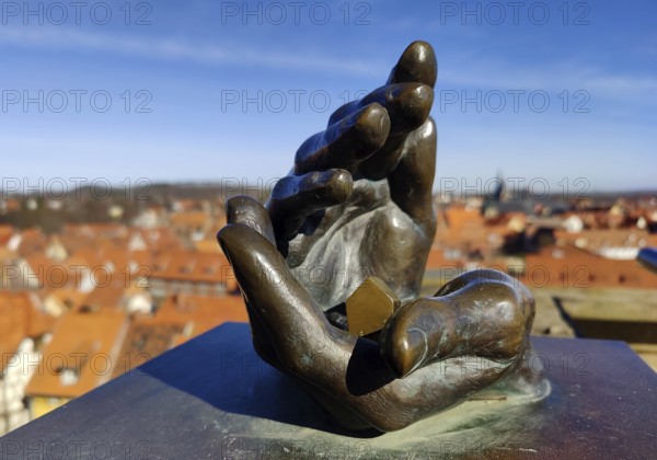 The protecting hand, honouring Gottfried Kiesow and the German Foundation for Monument Protection on Quedlinburg Castle Hill, Germany, Europe