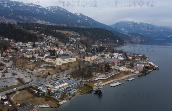 Drone shot, view of the town, Millstatt Abbey, Millstatt, Lake Millstatt, Carinthia, Austria, Europe