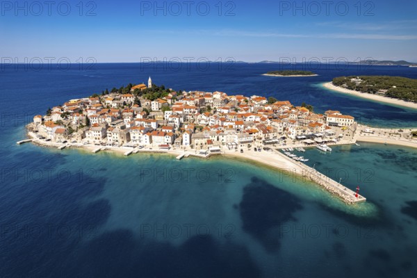 The peninsula with the old town centre of Primosten seen from the air, Croatia, Europe