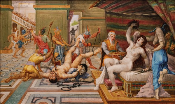 Samson and Dalila, Samson, figure from the Book of Judges in the Old Testament and hero of the Israelite tribe of Dan, and Delilah, bribed by the Philistines to reveal the secret of his strength to Samson, who was considered invincible, painting by Jean-Baptiste Cariven (1843 to 1904, French painter), reproduction of a 19th century painting, digitally restored, historical