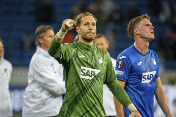 Football UEFA Europa League, 2024/25 season, matchday 2: TSG Hoffenheim v Dynamo Kiev. Great joy for Oliver Baumann (1, Hoffenheim) after his team's 2:0 victory