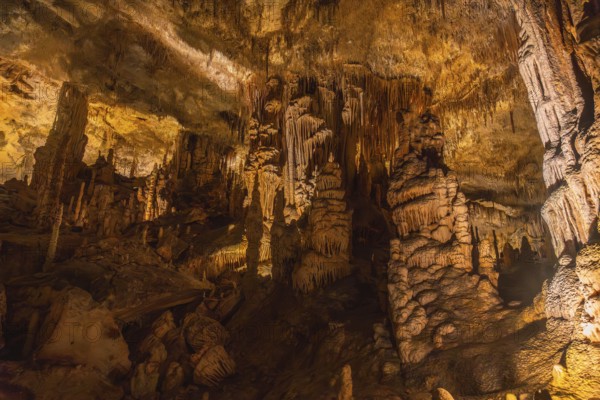 A cave with many stalactites and stalagmites. The cave is dark and the stalactites and stalagmites are orange