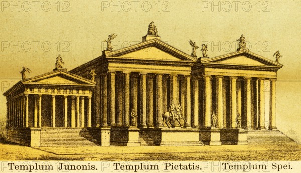 Templum Juninis, Templum Pietatis, Templum Spei, temple, columns, statues, stairs, equestrian statue, title, ancient Rome, Italy, coloured historical illustration from 1882, Europe