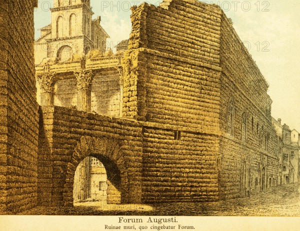 Wall ruin on the Forum Augusti or Foro di Augusto, Augustus Forum, church, title, ancient Rome, Italy, coloured historical illustration from 1882, Europe