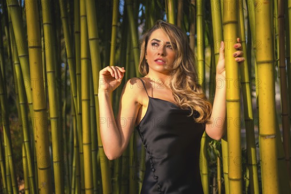 Portrait of a Caucasian girl in a black dress in a bamboo forest