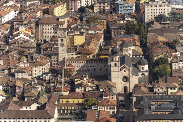 Trento Cathedral, Palazzo Pretorio and the historic city centre seen from above, Trento, Trentino, Italy, Europe