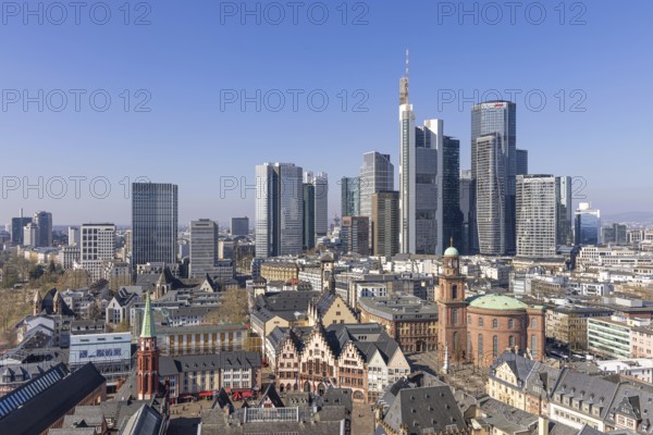 The view from St. Bartholomew's Cathedral takes in Frankfurt city centre and the banking skyline, Frankfurt am Main, Hesse, Germany, Europe