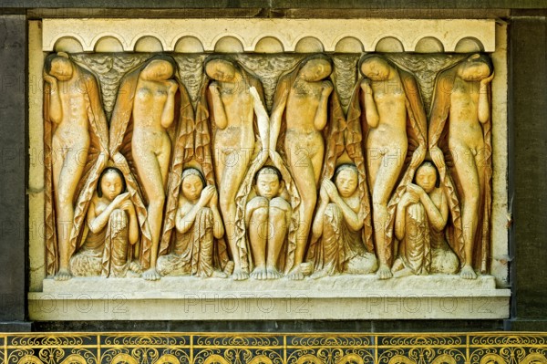 Relief group, sculpture Sleep, by Bernhard Hoetger in the plane tree grove, Art Nouveau, UNESCO World Heritage Site, Mathildenhöhe artists' colony, Darmstadt, Hesse, Germany, Europe