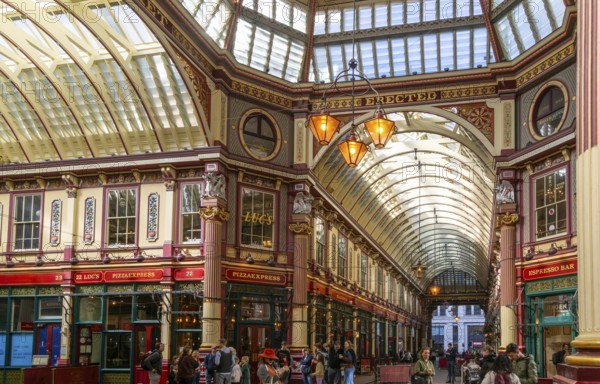Historic covered shopping arcade Leadenhall Market, City of London, London, England, UK architect Sir Horace Jones 1881