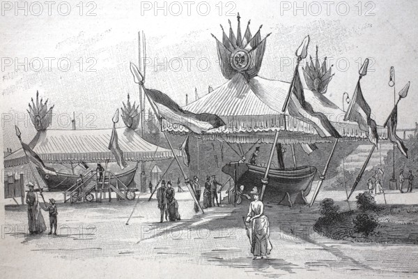Exhibition on accident prevention in Berlin 1889, lifeboat with trolley and steam lifeboat, digital reproduction of an original from the 19th century, historical