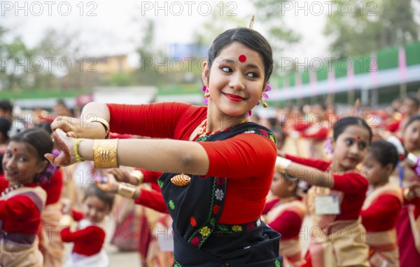Participants with an instructor dance on the final day of a Bihu dance workshop ahead of Rongali Bihu Festival, in Guwahati, Assam, India on 12 April 2025