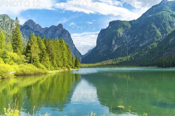 Stunning alpine landscape reflecting on lake dobbiaco's emerald waters, surrounded by lush vegetation and majestic peaks