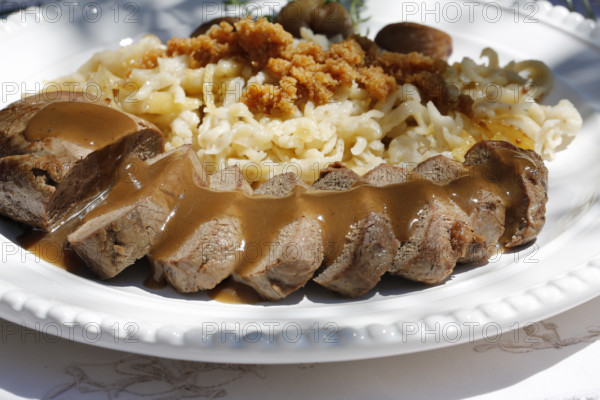 Swabian cuisine, roast venison with spaetzle, chestnuts and breadcrumbs, breadcrumbs, saddle of venison arranged on a plate, gravy, game dish, meat, main course, gravy, cutlery, knife, fork, grandmother's kitchen, regional, home cooking, typical Swabian, traditional cuisine, food photography, studio, Germany, Europe