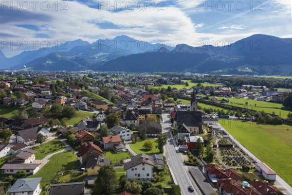 Drone image, view of village with church, Puch near Hallein, Salzachtal, Tennengau, Salzburg province, Austria, Europe