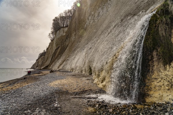 Waterfall of the Kiel stream on the Kiel shore and the famous chalk cliffs on the Baltic Sea coast in Jasmund National Park, Ruegen Island, Mecklenburg-Western Pomerania, Germany, Europe