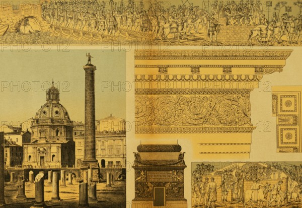 Forum Trajani, public square, ruin, Trajan column with emperor, several relief details, church dome, ornamentation, ancient Rome, Italy, coloured historical illustration from 1882, Europe