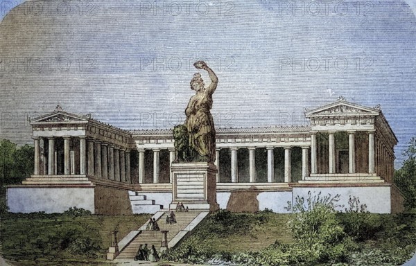 The Hall of Fame with the Bavaria in Munich, Bavaria, Deutschland / Die Ruhmeshalle mit der Bavaria in Munich, Bayern, Deutschland, Historisch, historical, digital improved reproduction of an original from the 19th century / digital reproduction of an original from the 19th century