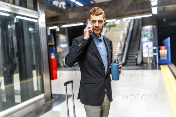 Businessman waiting for subway, talking on phone and holding reusable coffee cup, in a subway station