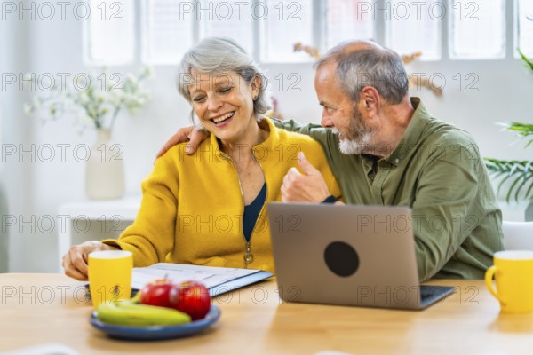 Senior man congratulating his wife for an announcement that she received online