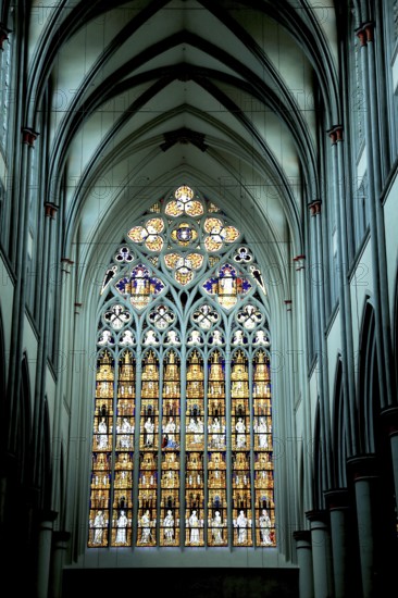 Ceiling vault and stained glass windows of the west façade, Altenberg Cathedral, Bergischer Dom, former monastery church of Altenberg Abbey, built by the Cistercians in 1133, Rheinisch-Bergischer Kreis, administrative district of Cologne, North Rhine-Westphalia, Germany, Europe