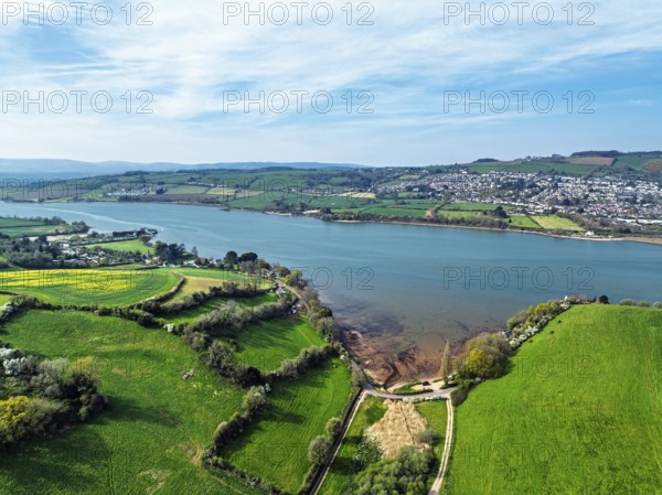 Farms and Fields over River Teign from a drone, Teignmouth, Shaldon, Devon, England, United Kingdom, Europe