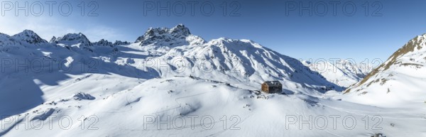 Alpine panorama, aerial view with Kesch hut, Alpine Club hut of the SAC in winter, Albula Alps, Grisons, Switzerland, Europe