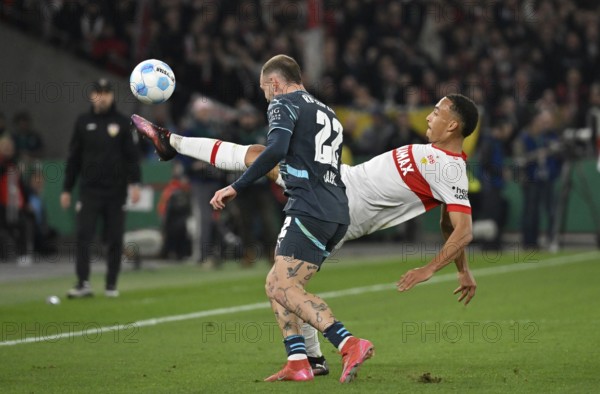 Duel, action Jamie Leweling VfB Stuttgart (18) against David Raum RasenBallsport Leipzig RBL (22) semi-final, DFB Cup, MHPArena, MHP Arena Stuttgart, Baden-Württemberg, Germany, Europe