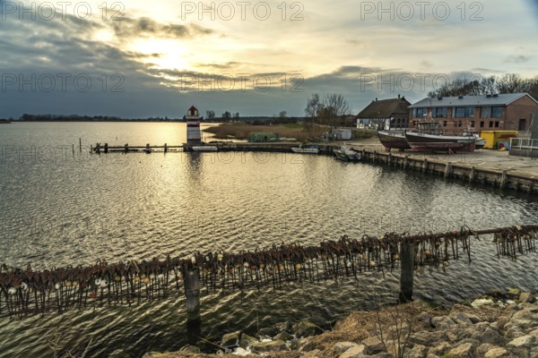 Harbour and lighthouse of Waase, Ummanz, Island Ruegen, Mecklenburg-Western Pomerania, Germany, Europe
