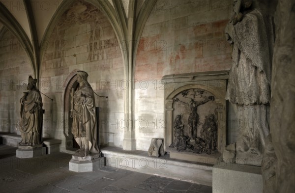 Statues, frescoes, wall paintings, early Gothic cloister, Cathedral of Our Lady, Constance, Baden-Württemberg, Germany, Europe