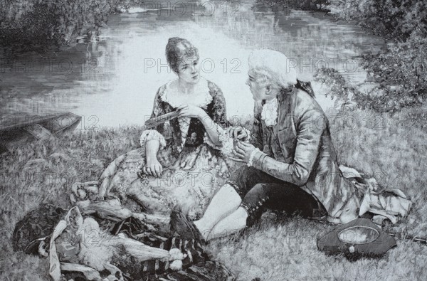 Young couple sitting at a picnic by a river, summer, outdoors, posh people around 1890, France, digital reproduction of a 19th century original, historical, A man and a woman in 18th century clothing have a conversation on the riverbank in a monochrome, romantic scene, Europe