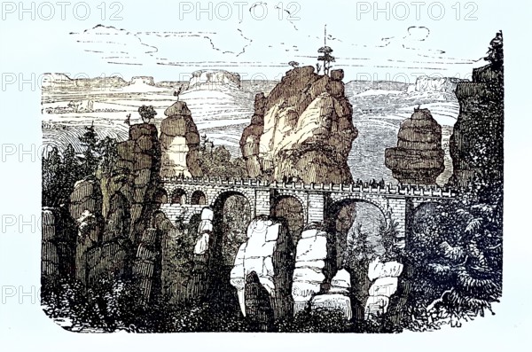 The Bastei Bridge in Saxon Switzerland, Saxony, Deutschland, 1870 / Die Basteibrücke in der Sächsischen Schweiz, Elbsandsteingebirge, Sachsen, 1870, Historisch, historical, digital improved reproduction of an original from the 19th century / digital reproduction of an original from the 19th century