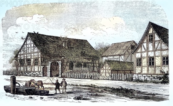 A farmhouse, farm in the north of Franconia, Bavaria, Deutschland, around 1880 / ein Bauernhaus, Bauerngut im Norden von Franken, Bayern, um 1880, Historisch, historical, digital improved reproduction of an original from the 19th century / digital reproduction of an original from the 19th century
