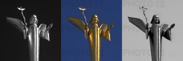 The Golden Angel by Fritz Bartsch-Hofer on the roof of the Engel pharmacy in Giessen, graphic variations, Hesse, Germany, Europe