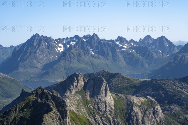 Mountain landscape, view of mountain peaks at the summit of Rundfjellet, Svolvaer, Nordland, Norway, Europe