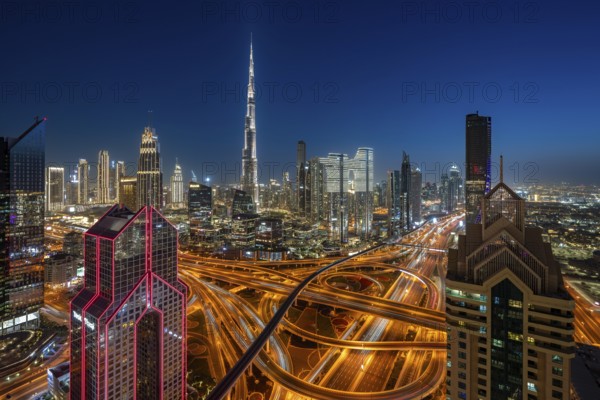Dubai skyline at night, Burj Khalifa tallest building in the world, United Arab Emirates, Asia