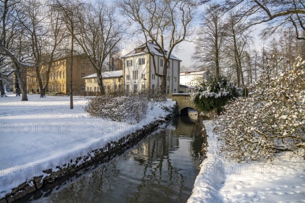 The snow-covered Gräflicher Park in Bad Driburg in winter, North Rhine-Westphalia, Germany, Europe