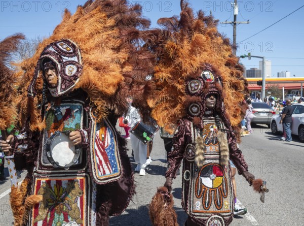 New Orleans, Louisiana - The Mardi Gras Indians' Super Sunday parade. African-Americans create elaborate costumes for the annual event to honor Native Americans who, during slavery, helped helped people escape and gave them refuge