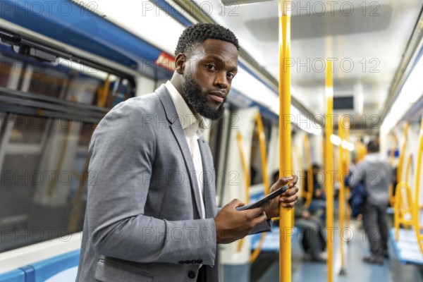 Young businessman using smartphone while commuting on subway train, holding handrail and looking away