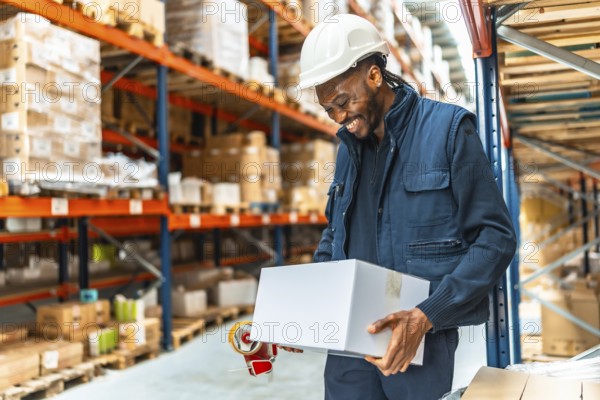 Happy african man worker preparing parcels to deliver in a warehouse