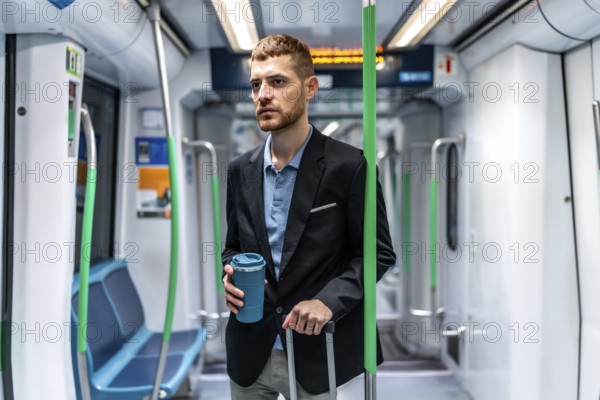 Young businessman commuting to work by subway, holding a reusable coffee cup and a trolley bag while looking out the window