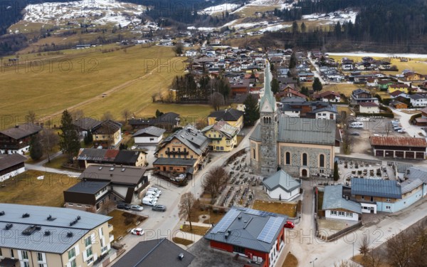 Drone image, residential buildings, view of village with parish church, Niedernsill, Pinzgau, Salzburg province, Austria, Europe