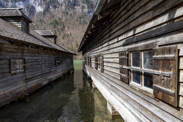 Wooden boathouses at Königssee, Schönau am Königssee, Berchtesgadener Land, Upper Bavaria, Bavaria, Germany, Europe