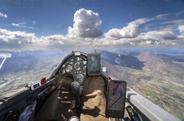 Cockpit, glider, instruments, weather, cumulus, flying, aviation, sport, leisure, aerial view, France, Provence, Europe