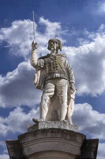 Sculpture of a soldier on a column in front of the Ellingen Residence, Ellingen, Middle Franconia, Bavaria, Germany, Europe