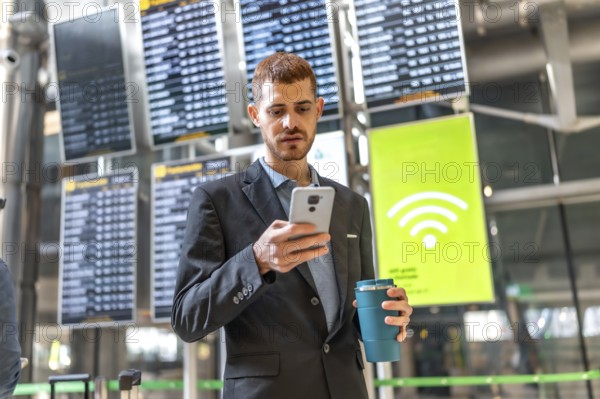 Businessman using smartphone while holding reusable coffee cup in airport, checking flight schedule on digital timetable