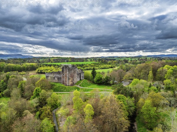 Doune Castle from a drone, Doune, Stirling, Scotland, England, United Kingdom, Europe