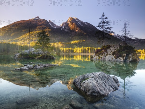 Hintersee in the morning in the first sunlight, behind the peaks of the Hochkalter, Berchtesgaden National Park, Ramsau, Berchtesgadener Land, Upper Bavaria, Bavaria, Germany, Europe